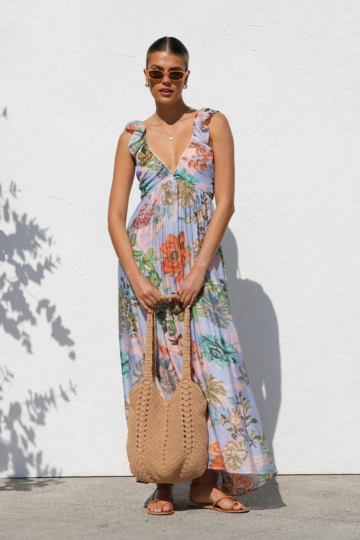 Robe longue femme imprimé abstrait décolleté profond - Dalira