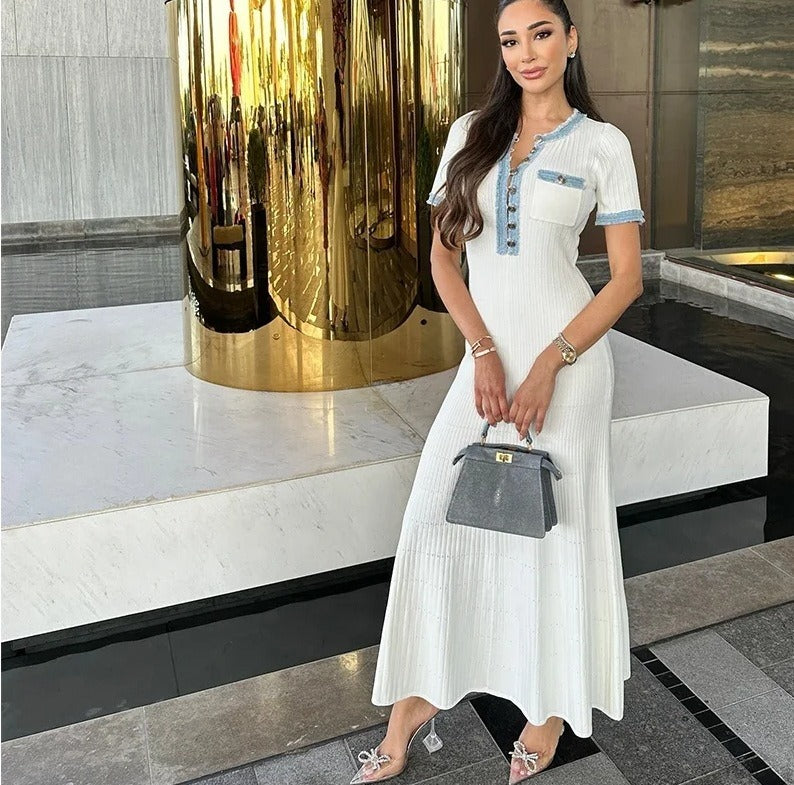 Robe longue pour femme en maille côtelée avec détails en denim - Mariela