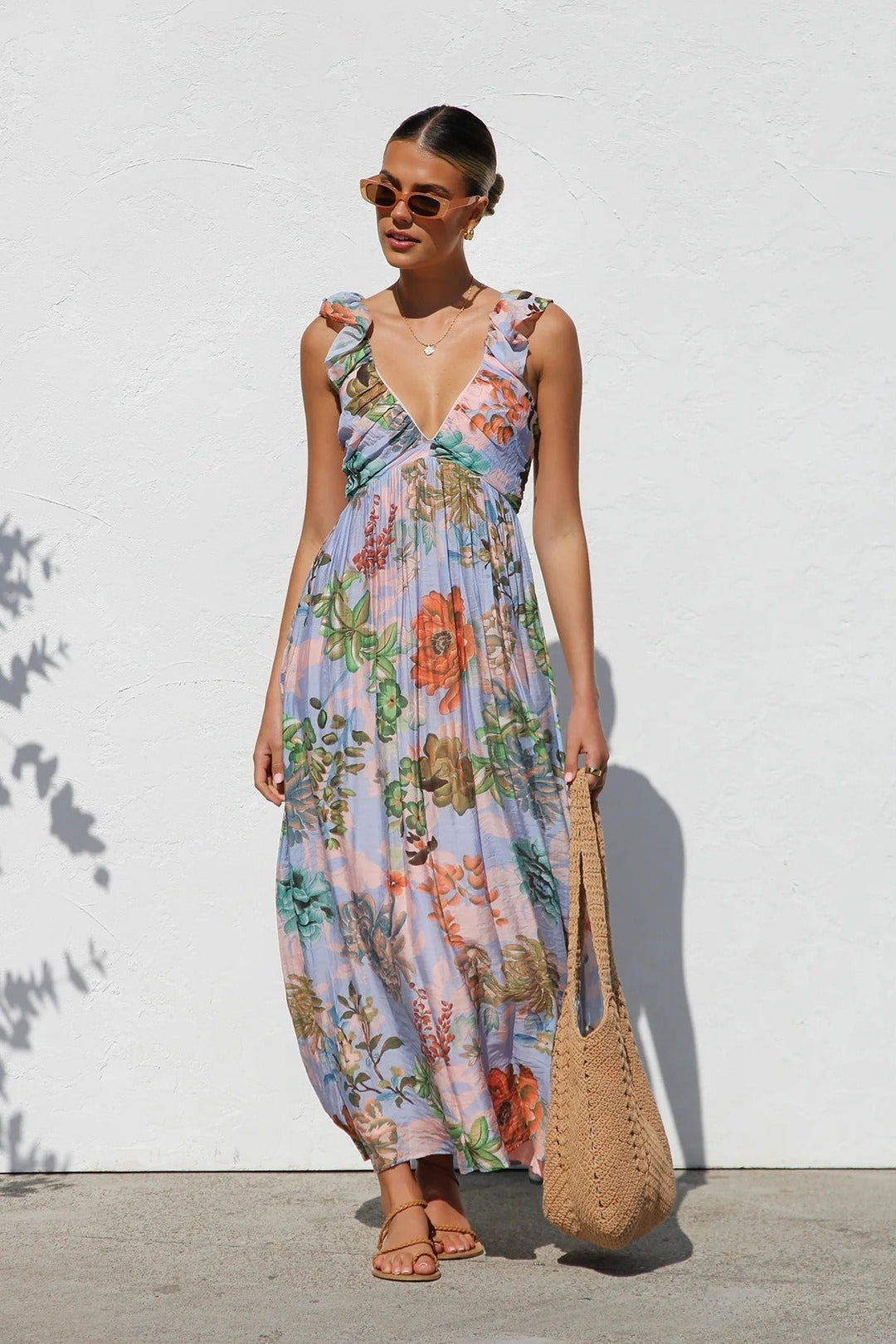 Robe longue femme imprimé abstrait décolleté profond - Dalira