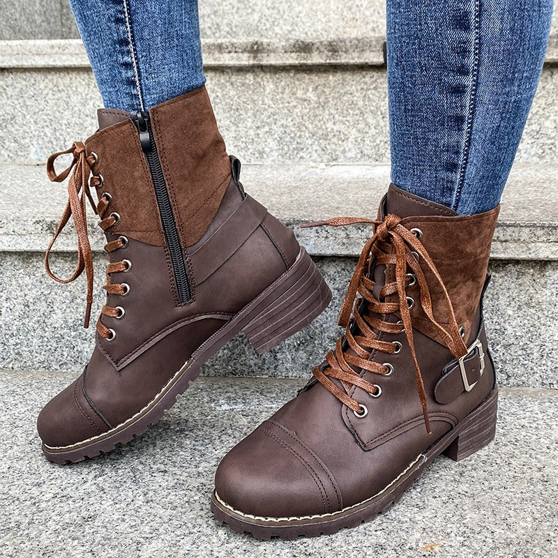 Bottines pour femmes en cuir synthétique avec lacets de style militaire - Estela