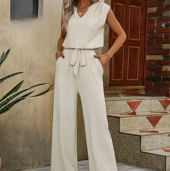 Ensemble sans manches à col en V et pantalon palazzo pour femme - Lorena