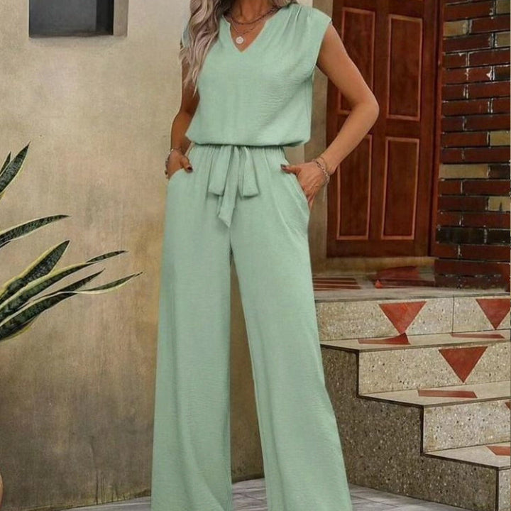 Ensemble sans manches à col en V et pantalon palazzo pour femme - Lorena