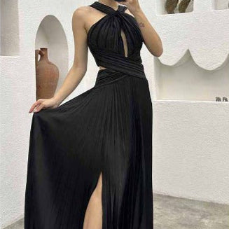 Robe longue plissée en satin à coupe asymétrique pour femme - Natalia