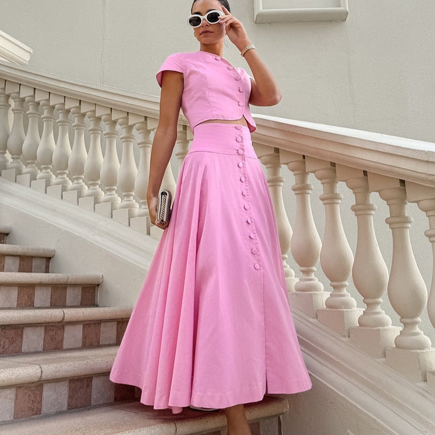 Ensemble deux pièces pour femme, haut boutonné et jupe midi évasée - Valeria
