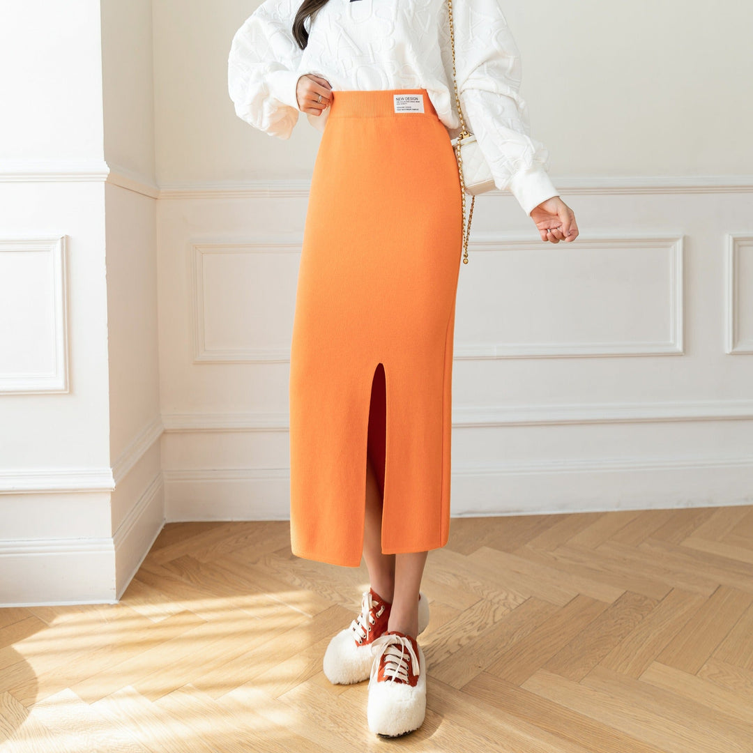 Jupe midi femme en jersey stretch avec fente devant, coupe cintrée - Élodie