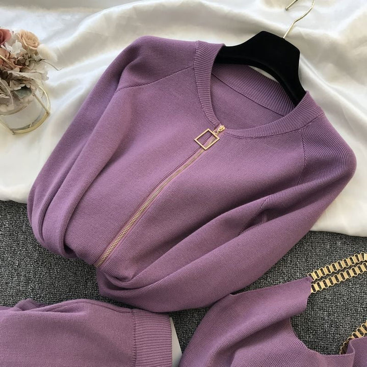 Veste tricotée pour femme avec zip métallique col rond - Nysse