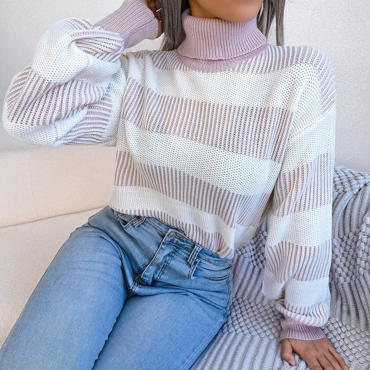 Pull à col roulé en maille à larges rayures pour femme - Elsy