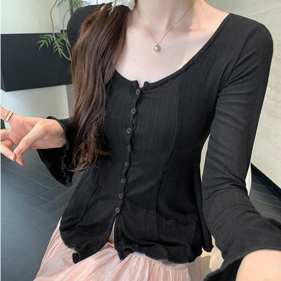 T-shirt manches longues côtelé avec boutons décoratifs pour femmes - Delorean