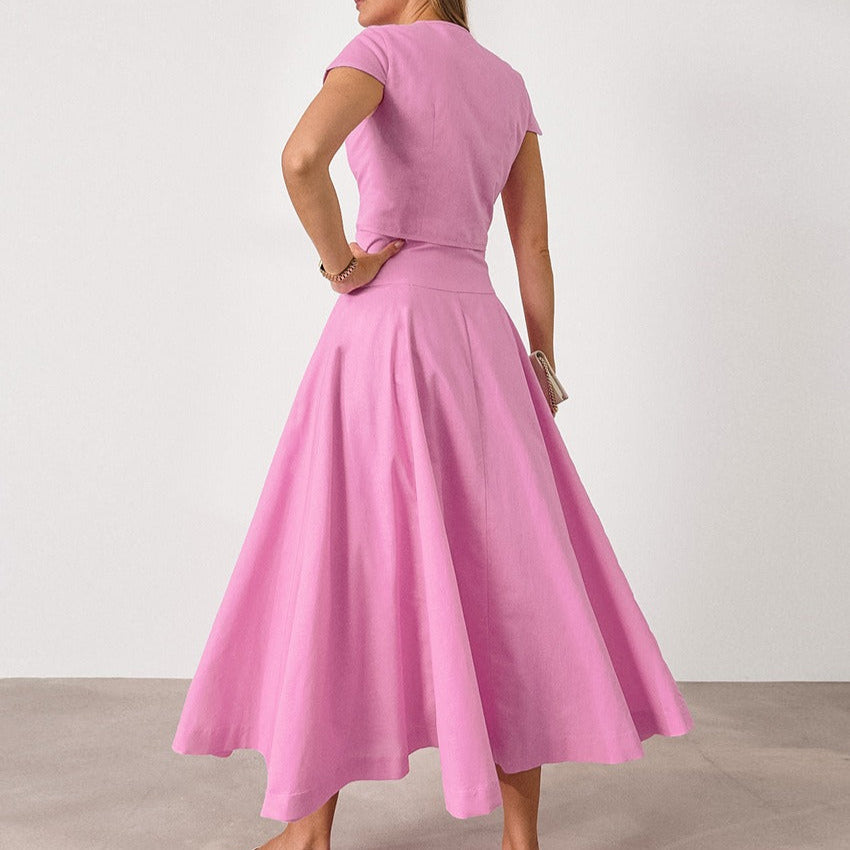 Ensemble deux pièces pour femme, haut boutonné et jupe midi évasée - Valeria