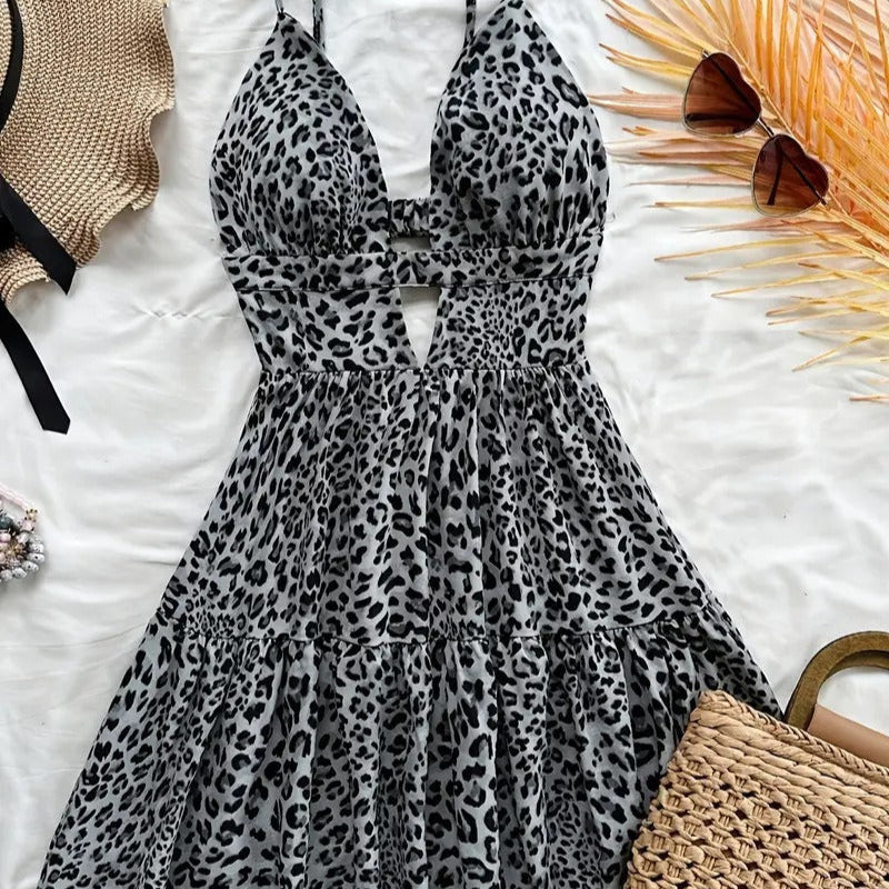 Robe courte pour femme avec bretelles plissées à motif animalier - Enara