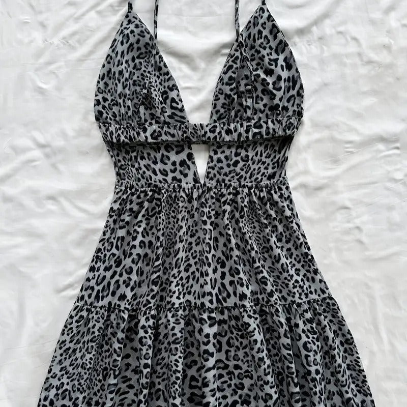 Robe courte pour femme avec bretelles plissées à motif animalier - Enara