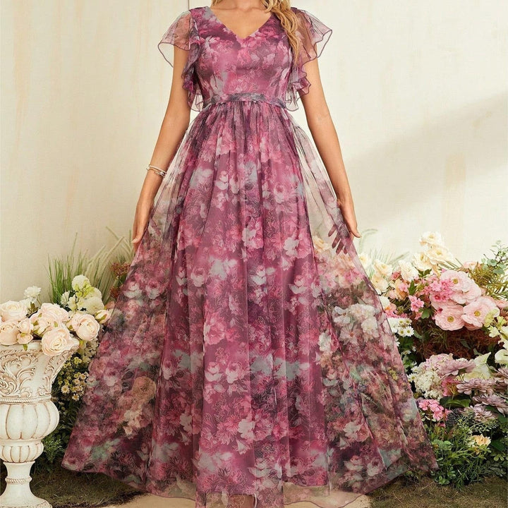 Robe longue pour femme en mousseline de soie imprimée, style aérien - Mariana
