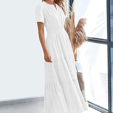Robe midi plissée à manches courtes pour femme, style bohème - Lorena