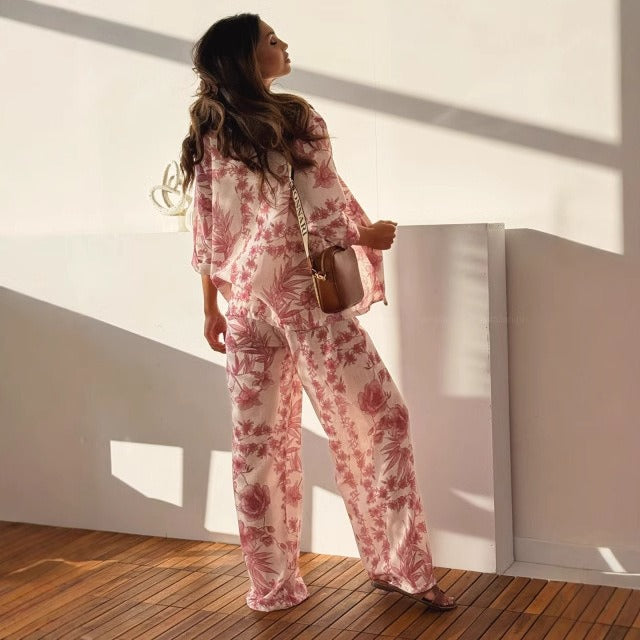 Ensemble femme avec pantalon droit et chemise à imprimé floral - Fabienne