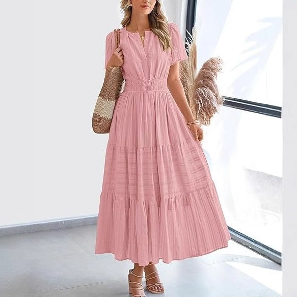 Robe midi plissée à manches courtes pour femme, style bohème - Lorena