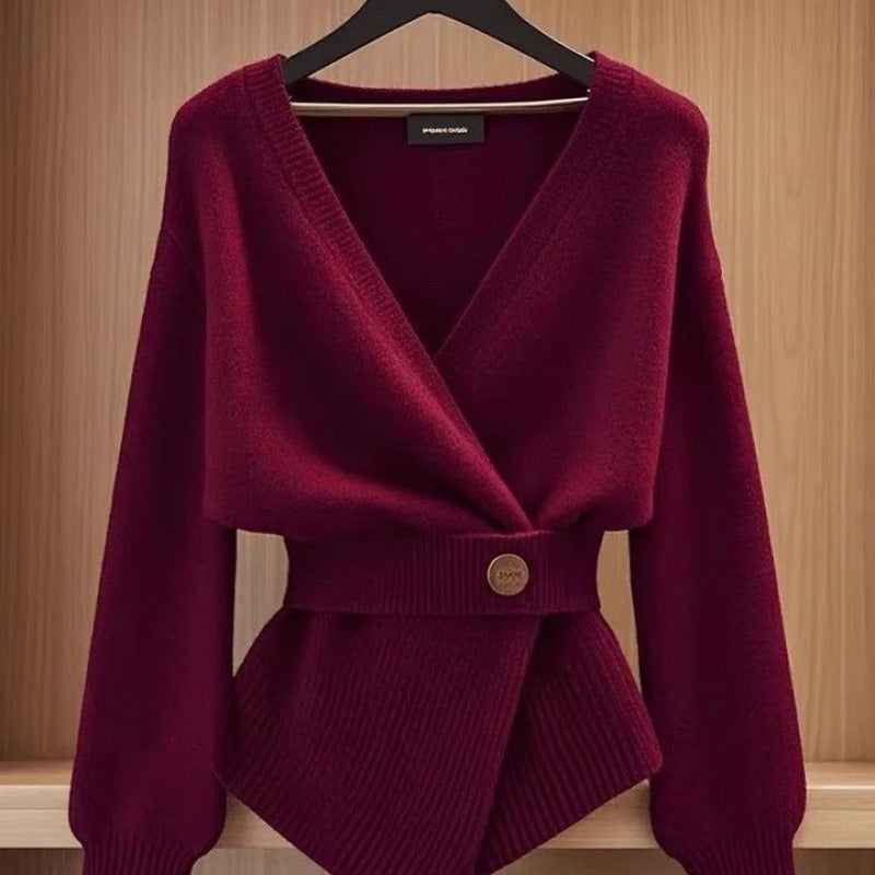 Pull croisé en maille côtelée pour femmes, avec détail de ceinture dans un style élégant - Matildee