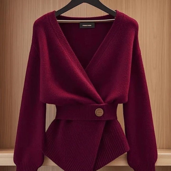 Pull croisé en maille côtelée pour femmes, avec détail de ceinture dans un style élégant - Matildee