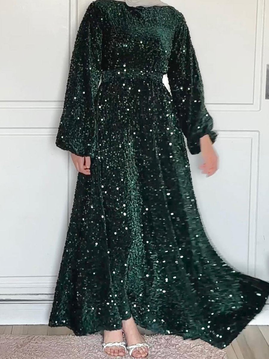 Natash - Robe à paillettes à manches longues et col rond