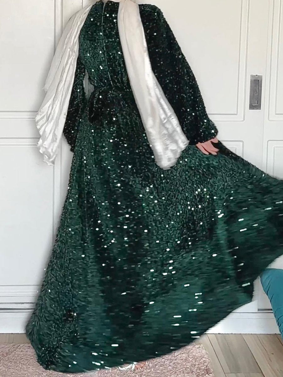 Natash - Robe à paillettes à manches longues et col rond