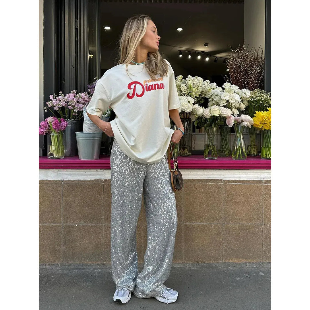 Pantalon à paillettes pour femmes - taille haute, coupe décontractée