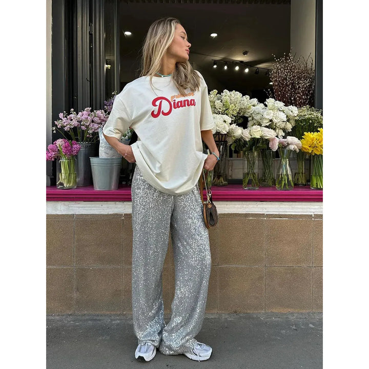 Pantalon à paillettes pour femmes - taille haute, coupe décontractée