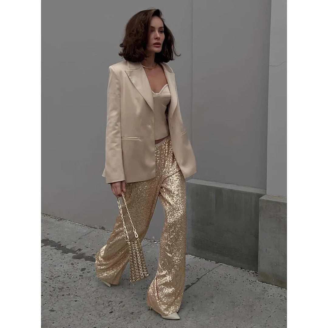 Pantalon à paillettes pour femmes - taille haute, coupe décontractée
