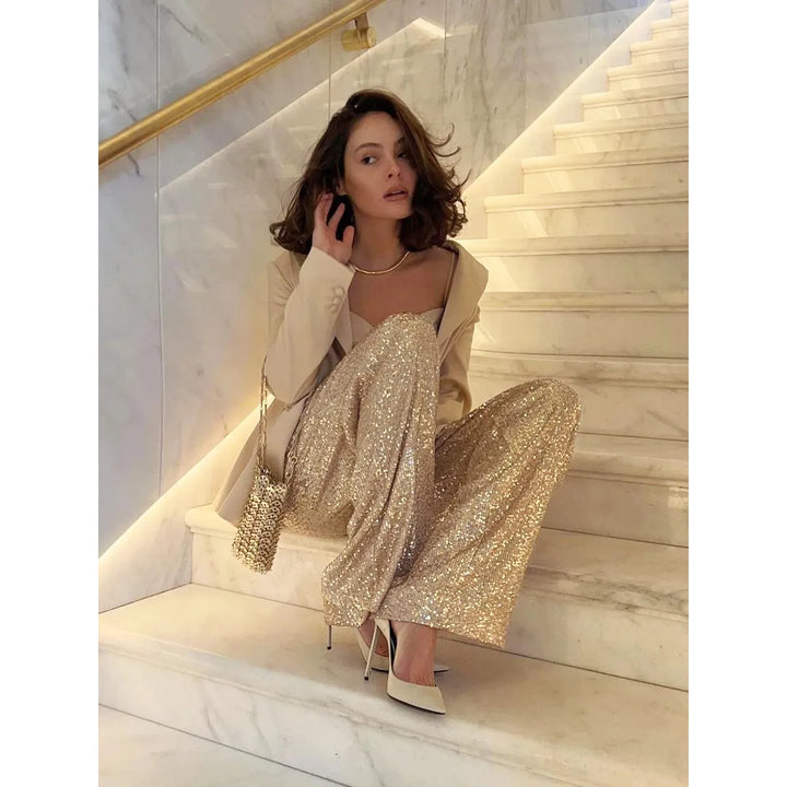 Pantalon à paillettes pour femmes - taille haute, coupe décontractée