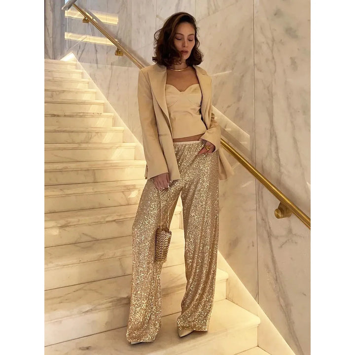 Pantalon à paillettes pour femmes - taille haute, coupe décontractée