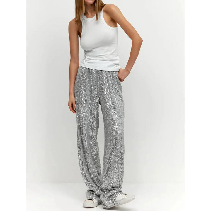 Pantalon à paillettes pour femmes - taille haute, coupe décontractée