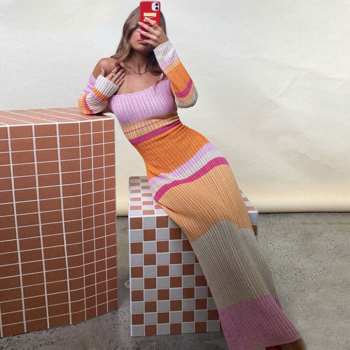 Darcy - Robe Maxi Multicolore en Tricot Crochet à Manches Longues Rayée