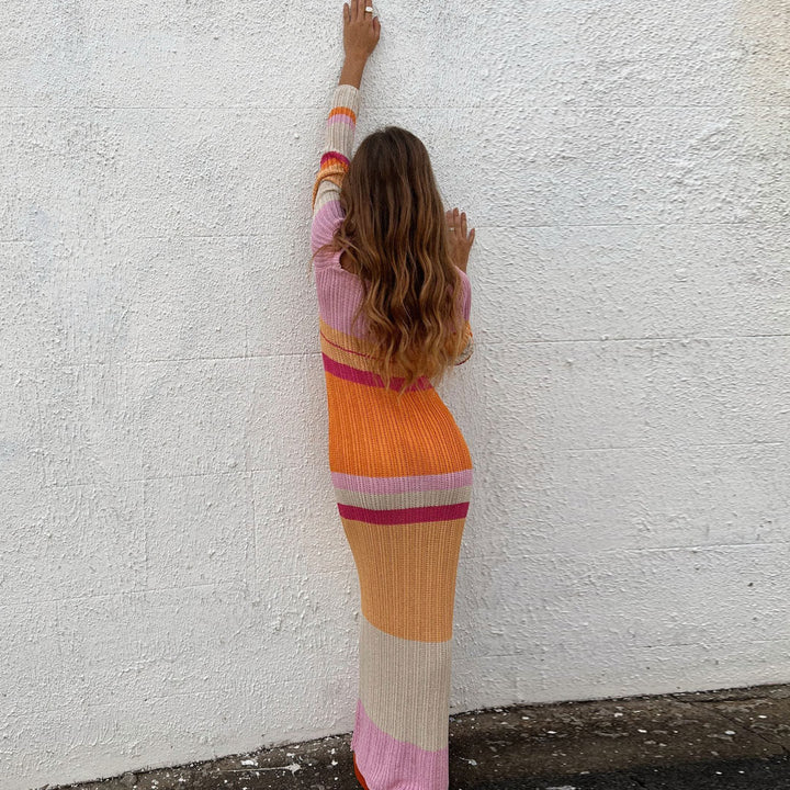 Darcy - Robe Maxi Multicolore en Tricot Crochet à Manches Longues Rayée